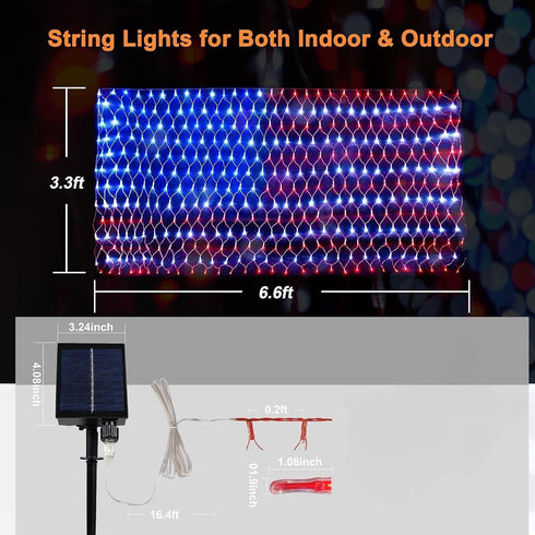 420 8 4th DANLI Solar Powered American Flag Light, Waterproof LED String Lights with Remote, US Flag with Plug, Modes