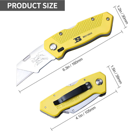 Folding Utility Knife Box Cutter Retractable Foldable Heavy Duty Quick Change with 5-Piece Extra Blades by B BOSI TOOLS