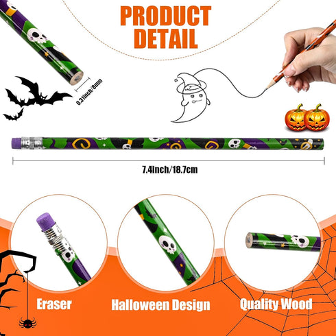 LOMIMOS 120pcs Halloween Pencil Bulk, Colorful Wooden with Eraser, 12 Patterns for Kid Trick or Treat Party Supplies