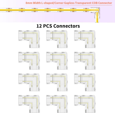 8mm Connectors Kit for 2-Pin COB LED Strip,12pcs Gapless L-Shaped/Corner Connectors,Solderless Extension Connectors for 5V/9V/12V/24V COB LED Strip Lights,for DIY Lighting Projects by MIWISE