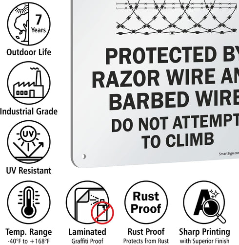 SmartSign "Danger - Protected By Razor Wire & Barbed Wire, Do Not Climb" Sign | 10" x 14" Aluminum