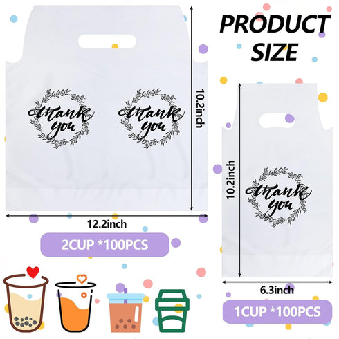 1000 2 1 Kisston Pcs Drink Carrier for Delivery, Plastic Carrier Bags Thank You Clear Handle Drink Poly Bags Bulk