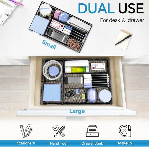 Desk Drawer Organizer, Office Drawer Divider Organizer Tray with 6 Compartments, Metal Mesh Desktop Organization and Accessories for Stationery Makeup Kitchen Toolroom School & Office (Large, Black) by Kciplab