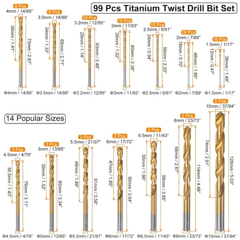 uxcell 99pcs Titanium Twist Drill Bit Set 14 Sizes 1/17"- 37/94" Drilling Dia High Speed Steel Drills for Hardened Metal, Stainless Steel, Cast Iron, Wood, Plastic with Case