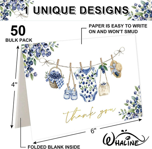 50 4 6 Inch Whaline Pcs Baby Shower Thank You Cards Greeting Cards with Envelopes Stickers Gold Foil Blue Berry Plaid