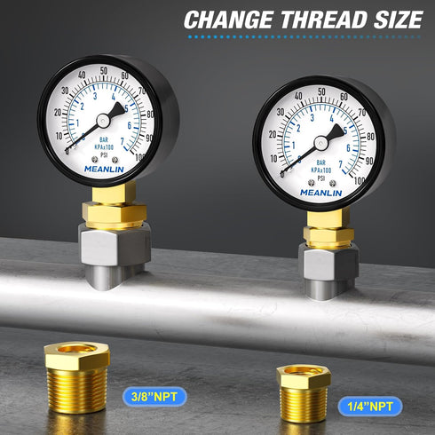 MEANLIN MEASURE 0-100Psi 2" DIAL FACE Well Pump Pressure Gauge, with 1/4" NPT and 3/8" NPT Hex Bushing