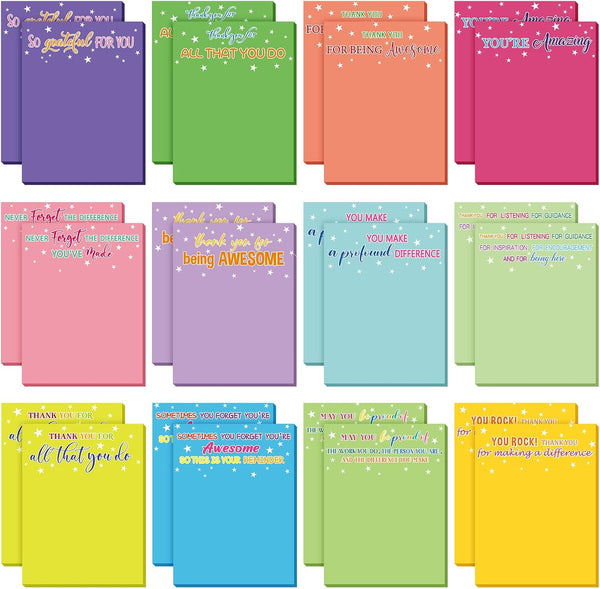 Teling 24 Pcs Inspirational Sticky Notes, 3 x 4 Inch, Rainbow Appreciation Memo Pads for Women