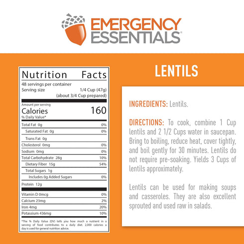 48 30-Year Emergency Essentials Lentils, Long-Term Emergency Food Supply, Servings, Shelf Life, High-Protein Vegetarian
