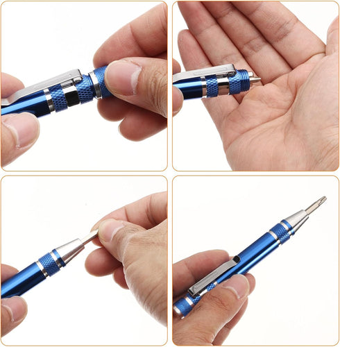 8 in 1 Mini Pocket Pen Screwdriver Set, CR-V Multi-Function Magnetic Screw Driver with Phillips and Flat Head Bits, Blue