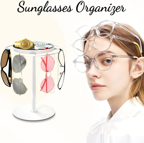 LSK Metal Sunglasses Organizer, Glasses Holder Stand with Storage Tray, Anti-Slip Pads for Tabletop, Desk, Dresser