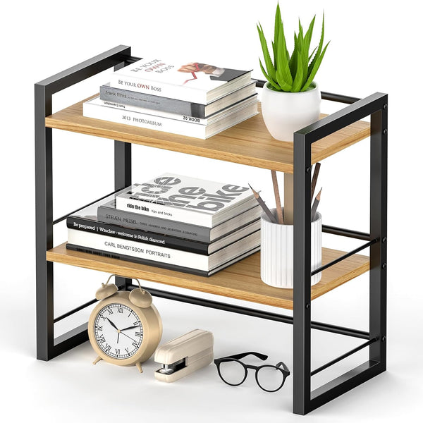 Office Desk Shelf Organizer, Wood Desktop Bookshelf Supplies Storage Rack, 2 Tier Shelf for Desk and Dresser (Black)