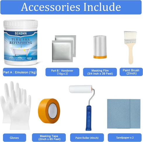 33oz Bathroom,Semi-Gloss,50-55sq.ft BEKOMN Tub Paint,Tub and Tile Refinishing Kit with Tools,Bathtub Paint White
