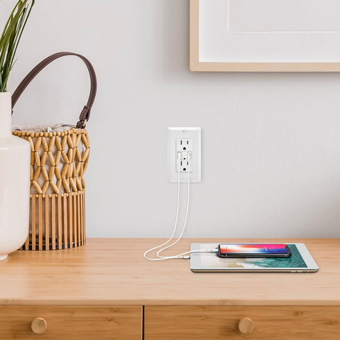 Maxxima 15A USB Wall Outlet Receptacle, 30W Power Delivery QC 3.0 with 2 Standard Outlets