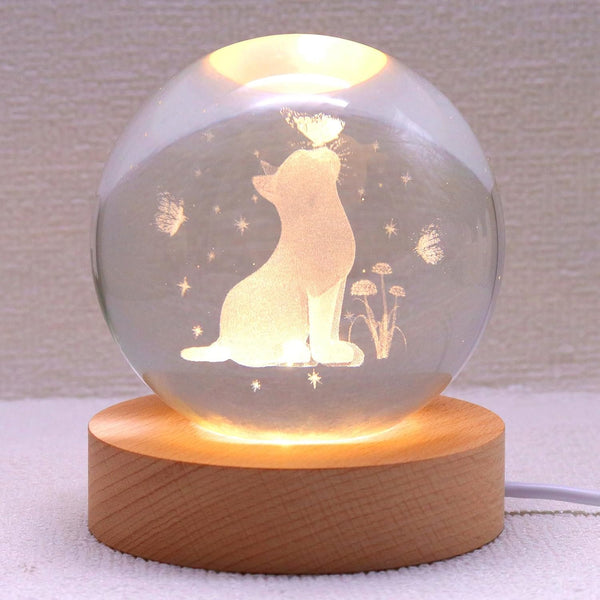 3.15in Crystal Cat Ball Lamp with Wooden Base - Cat Themed Gift