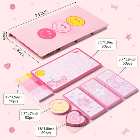 L1rabe Preppy Sticky Note Set - 550 Sheets Y2K Smile Face Self-Stick Notes Pads Back to School Pink Sticky Notes Divider Tabs Bundle Writing Memo Pads School Office Supplies for Students Teens Girls by L1rabe