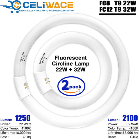 Celiwace FC8T9/CW 22W FC12T9/CW 32W Set, 8 inch T9 22 Bulbs, 12 inch 32 Bulb Bulb 80, G10q and Cool White Watts