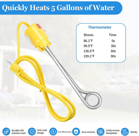 1000W Immersion 304 5 Swimming Water Heater, Portable Bucket Heater with Stainless Steel, for Teapot Water, Glass Pot
