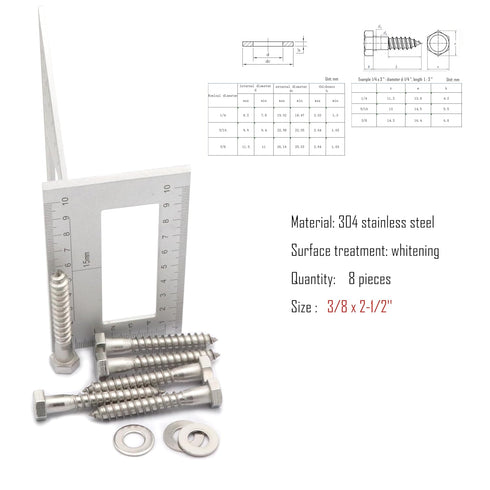 8pcs Hex Head Lag Screws, 3/8" x 2-1/2" Hexagon Head Wood Screws (Partially Threaded), 304 Stainless Steel Lag Bolts, Silvery