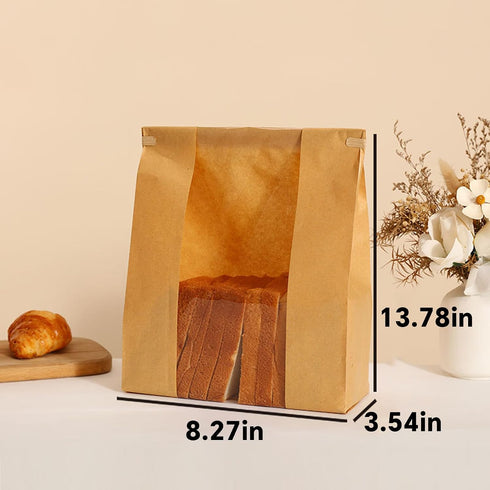 13.8x8.3x3.5 (50PCS) Bread Bags for Homemade Bread With Tin Tie Tab and Clear Front Window, in Large Kraft Bakery Bags