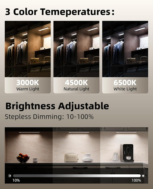 2Pack 16inch Dimmable 3 Closet Counter Under Cabinet Lighting, Rechargeable Motion Sensor Light Indoor, Color Temps