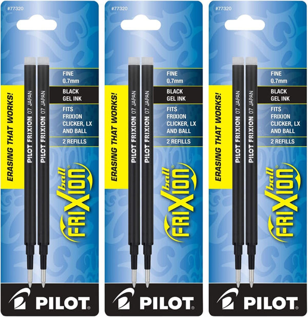 PILOT, FriXion Ball Gel Ink Refills for Erasable Pens, Fine Point 0.7 mm, Pack of 6 (3 Packs of 2), Black