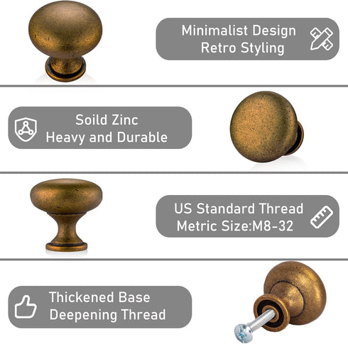 5-Pack Antique Brass Cabinet Knobs, Vintage Round Drawer Knobs for Kitchen Cupboards, Unique Home Improvement