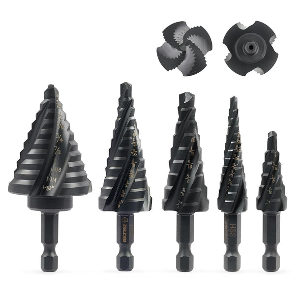 ZELCAN Step Drill Bit Set, 5PCS Titanium-Coated HSS Bits, 50 Sizes for Metal, 1/4" Hex Shank
