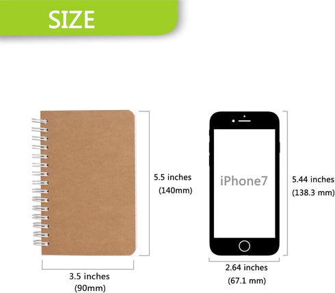 TWONE Kraft Cover Lay Flat Spiral Notebooks, 3.5" x 5.5", Two Pack, 180 Ruled Pages, Easy to Carry