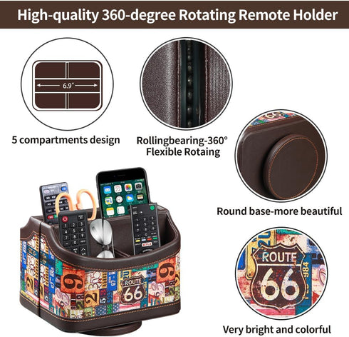 PUSU Colorful Pattern Remote Control Holder, PU Leather 360° Rotatable Nightstand Organizer for TV Remotes/Office