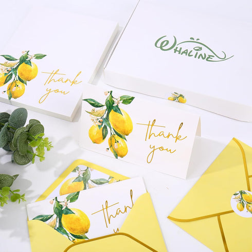 50 Pack Summer Whaline Lemon Gold Foil Thank You Cards Boxed Greeting Cards with Envelopes Stickers Yellow Lemon Flower