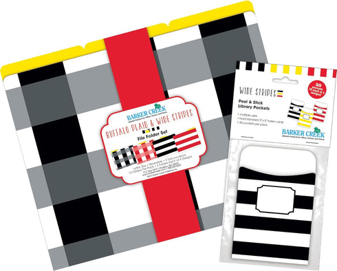 Barker Creek Designer File Folder and Library Pocket Set, 12 Colorful File Folders, Buffalo Plaid & Wide Stripes, 30