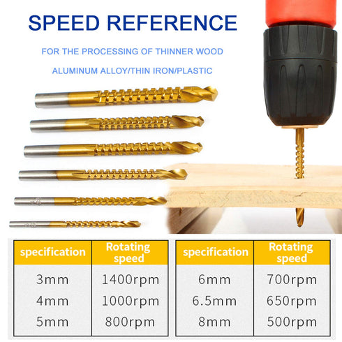 Titanium Coated HSS Twist Drill Bits - 6pcs, 3-8mm Serrated Grooving Cutting Tool for Wood, Metal, Plastic