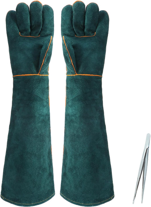 1 Pair Animal Handling Gloves, Bite Proof Leather Welding Gloves, 24.4in Reinforced with 2 Tweezers for Dog Training