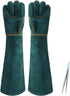 1 Pair Animal Handling Gloves, Bite Proof Leather Welding Gloves, 24.4in Reinforced with 2 Tweezers for Dog Training