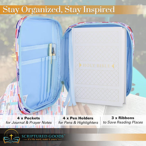 Beautiful Bible Cover with Inspiring Verses for Women and Girls, Protects Your Prayer and Study Items