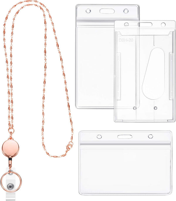 Zonon Retractable Badge Reel Lanyard with ID Holder for Women - Stainless Steel Necklace with 3 Name Badge Clips