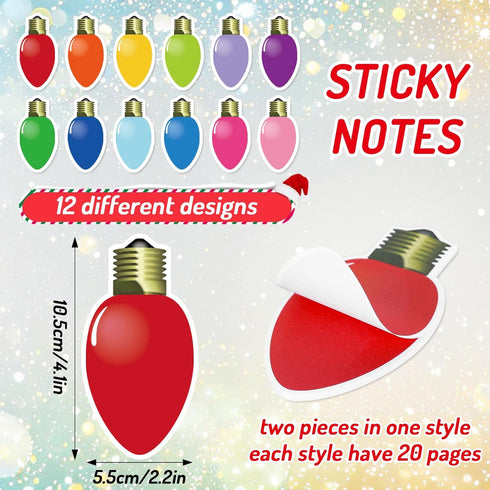 Whaline 24Pcs Christmas Sticky Note 12 Designs Colorful Xmas Bulb Shape Self-Stick Notepads Holiday Decorative Memo Pad Notes Removable for Work Study Home Office Classroom