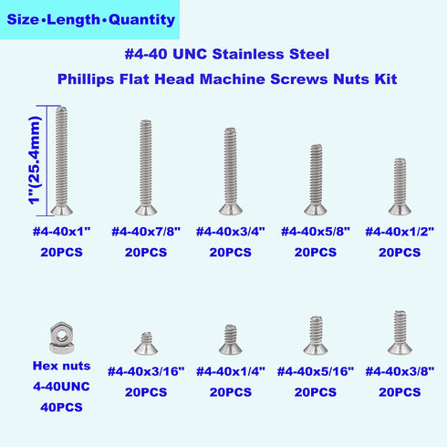 #4-40 UNC Stainless Steel Phillips Flat Head Machine Screws Assortment Kit with Nuts