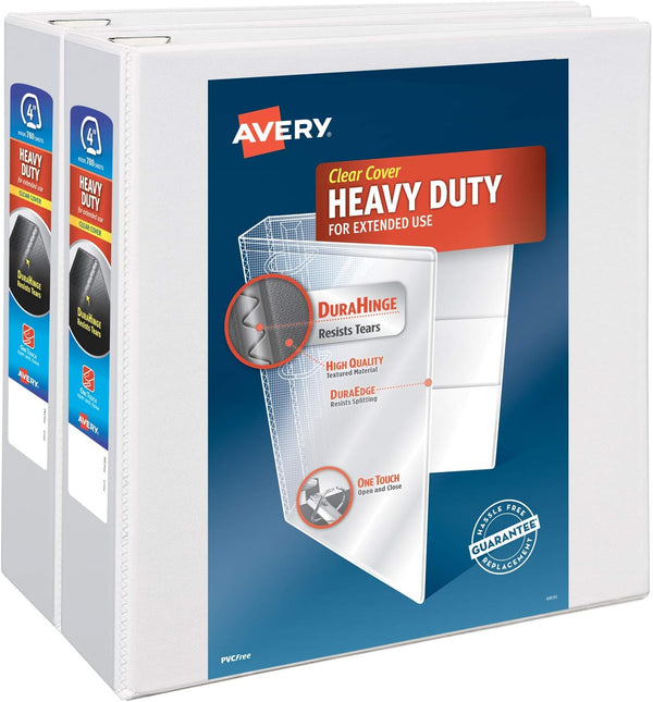 Avery Heavy Duty View 3 Ring Binder, 4" One Touch Slant Ring, 2 White Binders for 8.5" x 11" Paper
