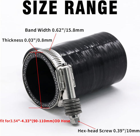 2 Pack Heavy Duty Worm Hose Clamp, Adjustable Range 3 1/2"-4 5/16" (90-110mm) for Water Pipe, Plumbing, Automotive