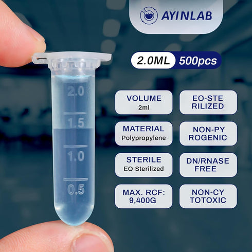 Microcentrifuge Tubes 2ml, AyinLab 500pcs Polypropylene Plastic Tubes with Leak-Proof Snap Caps