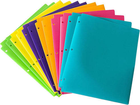 Seashell 12 Pack Heavy Duty Plastic 3 Hole Punch Folders, Assorted Colors, 2 Pocket Folders