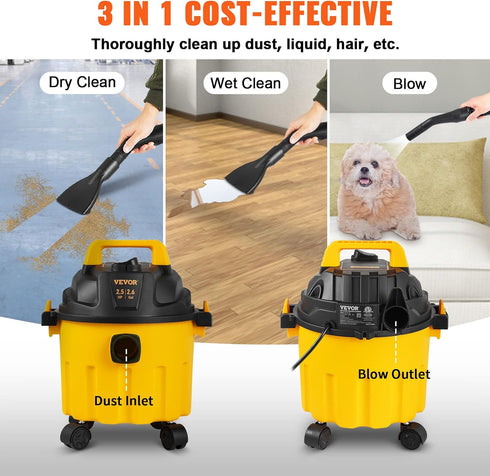 VEVOR Wet Dry Vac, 2.6 Gallon, 2.5 Peak HP Portable Shop Vacuum with Blowing Function, Attachments Storage,