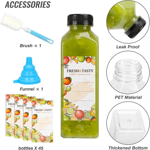 45pcs 16oz TOMNK Juice Bottles with Lids, Reusable Plastic Juice Bottles with Caps and Labels, Funnel, Brush Beverage