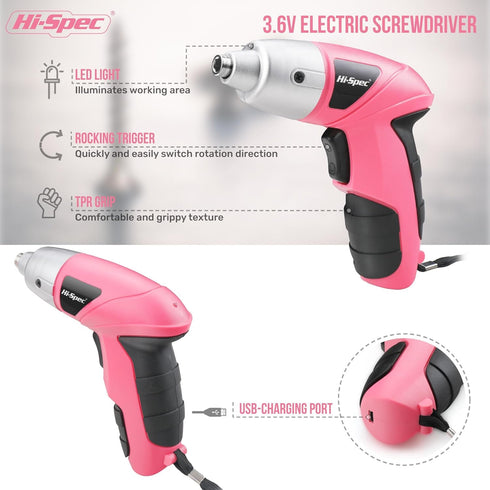 Hi-Spec Electric Screwdriver 27pc 3.6V Pink USB Small Power Screwdriver Set, Rechargeable with Driver Bit Set