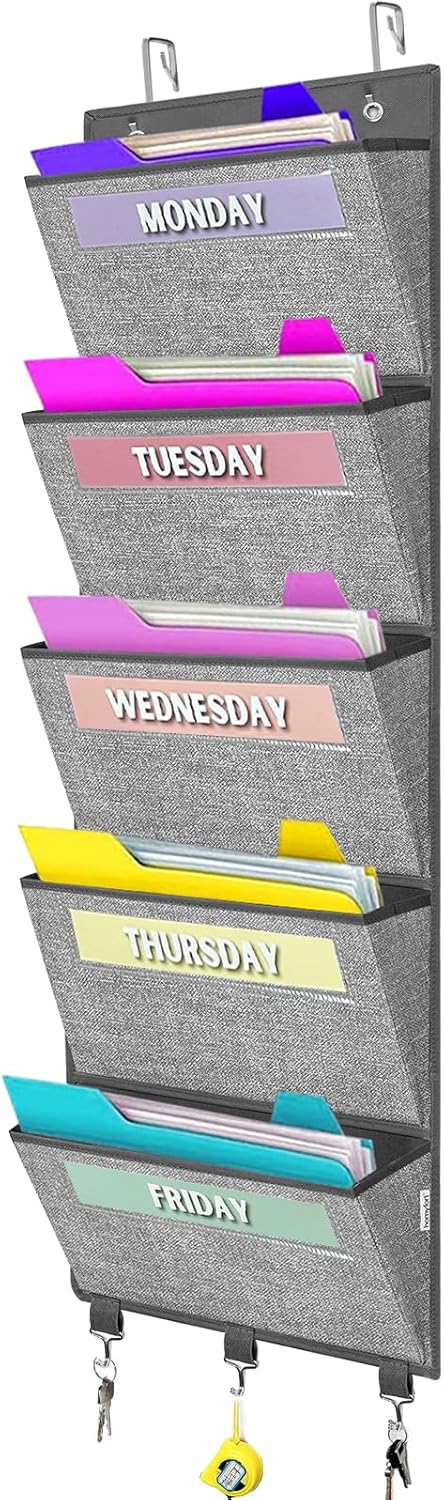 homyfort Over the Door Hanging File Organizer, Weekly File Folders for Mail, Magazine, Notebooks, 5 Large Pockets