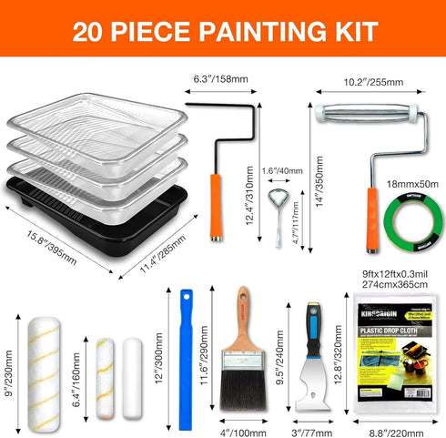 20 9-inch 6-inch, King Origin Piece Paint Roller Kit, Paint Roller Covers & Paint Brush, Paint Tray Liners