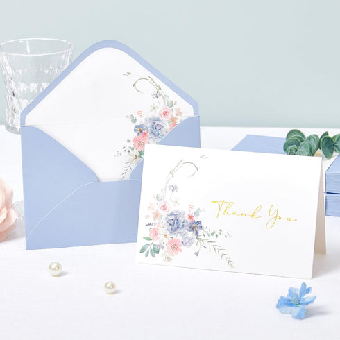 50Pcs, 4 6 Inch Crisky Floral Thank You Cards with Envelopes, Wildflower Hydrangea Blank Cards and Envelopes