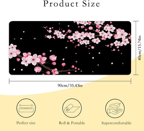 Gaming Mouse Pad with Stitched Edges, Sakura Cherry Blossoms Extended XL Desk Mat with Anti-Slip Base, 35''×15.7''