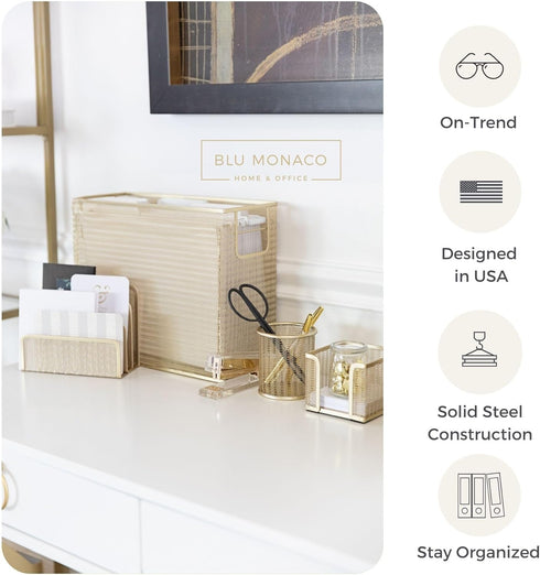 Gold Desk Accessories Set - 5 Piece Office Organization with Hanging File Holder, Boho Desk Décor for Women